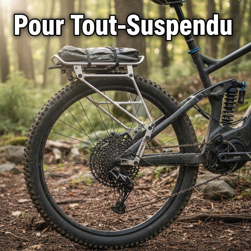 Gros plan technique d'un porte-bagages ElBurro fixé sur l'axe de la roue arrière d'un VTT électrique tout-suspendu avec le texte Pour Tout-Suspendu.