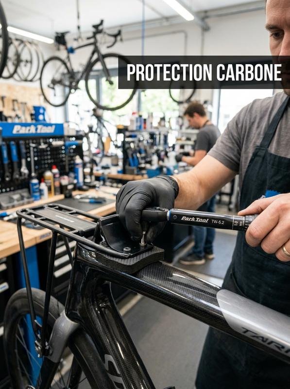 Mécanicien serrant un boulon sur un cadre de vélo en carbone avec une clé dynamométrique, protection en caoutchouc visible et texte Protection Carbone.