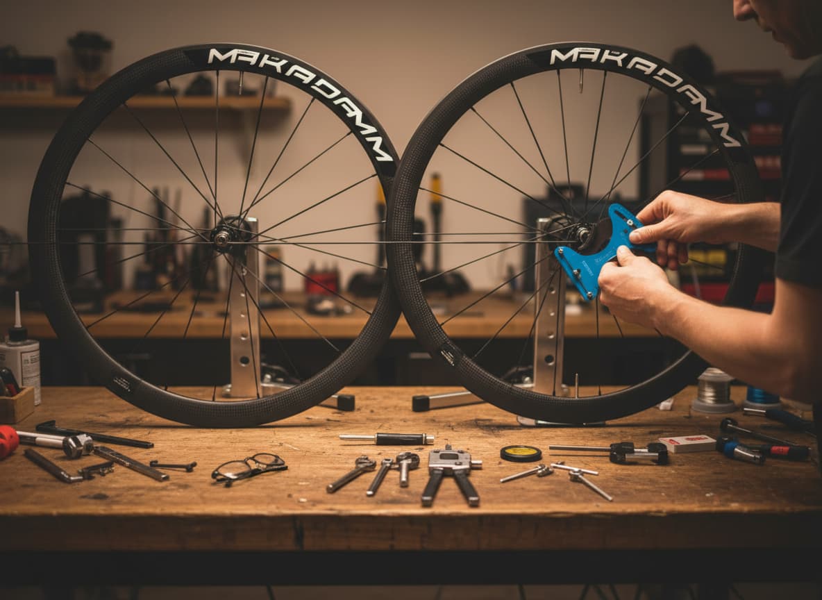 Un artisan utilise un tensiomètre pour contrôler la tension des rayons plats d'une roue de vélo en carbone sur un établi de précision.