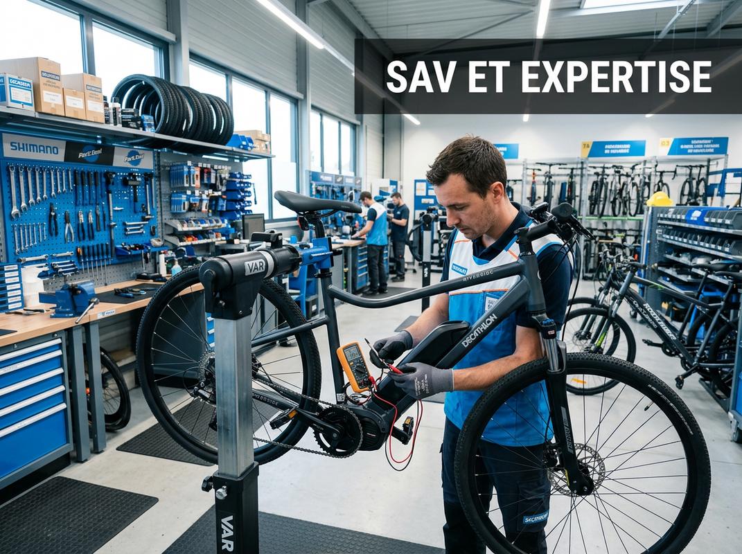 Un technicien Decathlon en gilet bleu inspecte le système électrique d'un vélo Riverside dans un atelier moderne avec l'inscription SAV ET EXPERTISE.