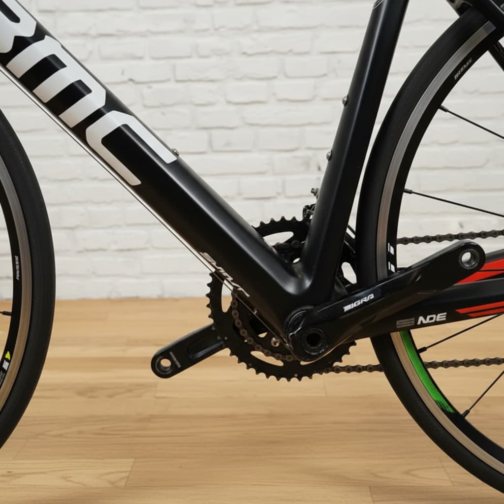 Gros plan sur le boîtier de pédalier et le dérailleur avant d'un vélo BMC Teammachine SLR03 One aux finitions épurées sous une lumière diffuse.