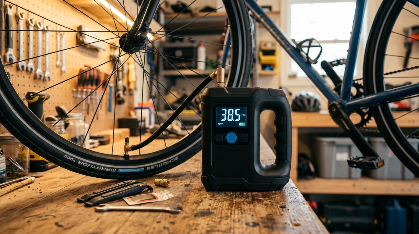 Pompe à air électrique Bosch EasyPump posée sur un établi en bois à côté d'une roue de vélo avec son écran numérique rétroéclairé dans un garage.
