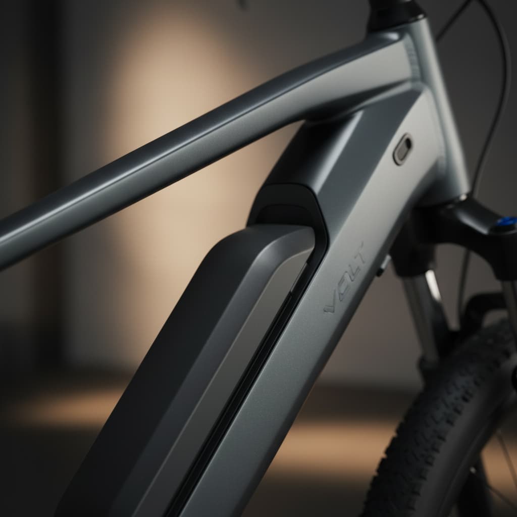 Gros plan sur le cadre aluminium mat d’un vélo électrique avec batterie intégrée et soudures discrètes sous éclairage studio doux.