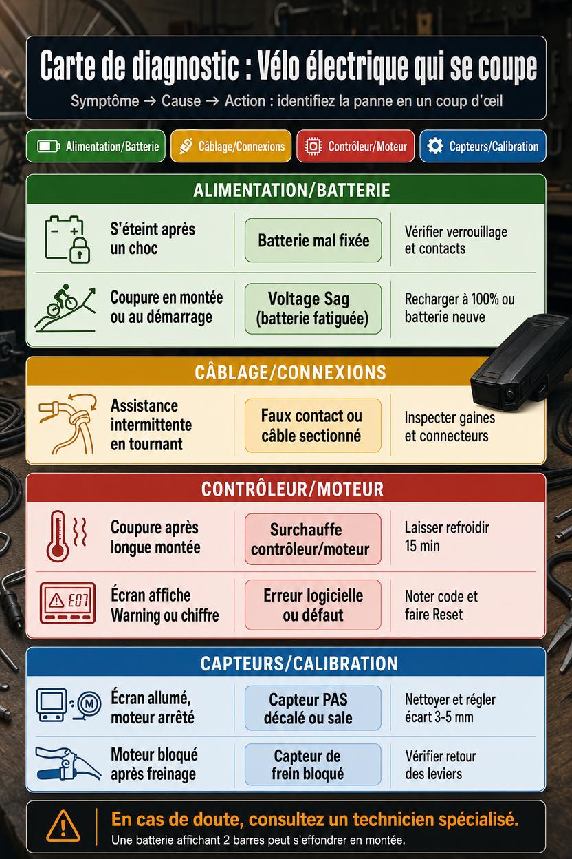 Infographie diagnostique d'un vélo électrique qui se coupe, avec matrice symptôme cause action, légende colorée, sections alimentation batterie, câblage, contrôleur moteur, capteurs calibration et bandeau de sécurité.