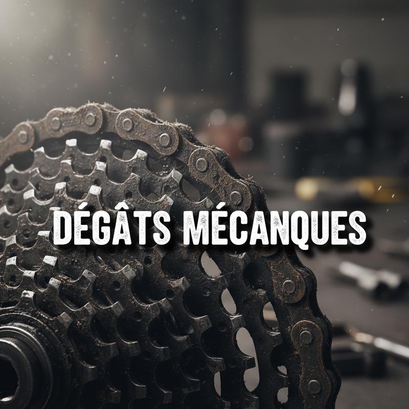 Cassette de vélo aux dents émoussées et chaîne étirée couvertes de cambouis et de débris métalliques avec l'inscription DÉGÂTS MÉCANIQUES.