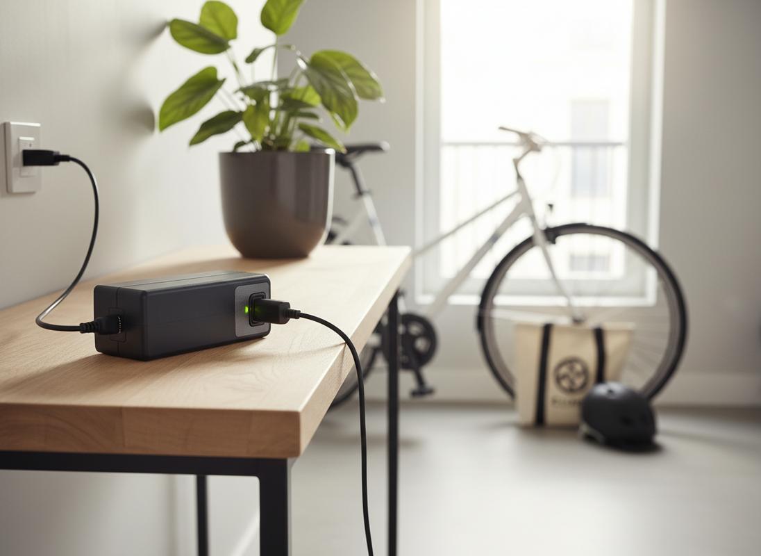Batterie de vélo électrique Elops branchée sur son chargeur d'origine posé sur une console en bois dans une entrée d'appartement lumineuse.