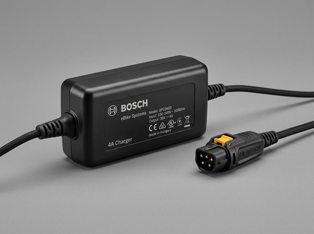 Chargeur Bosch Standard 4A noir pour vélo électrique présenté avec son connecteur propriétaire sur un fond gris studio neutre.