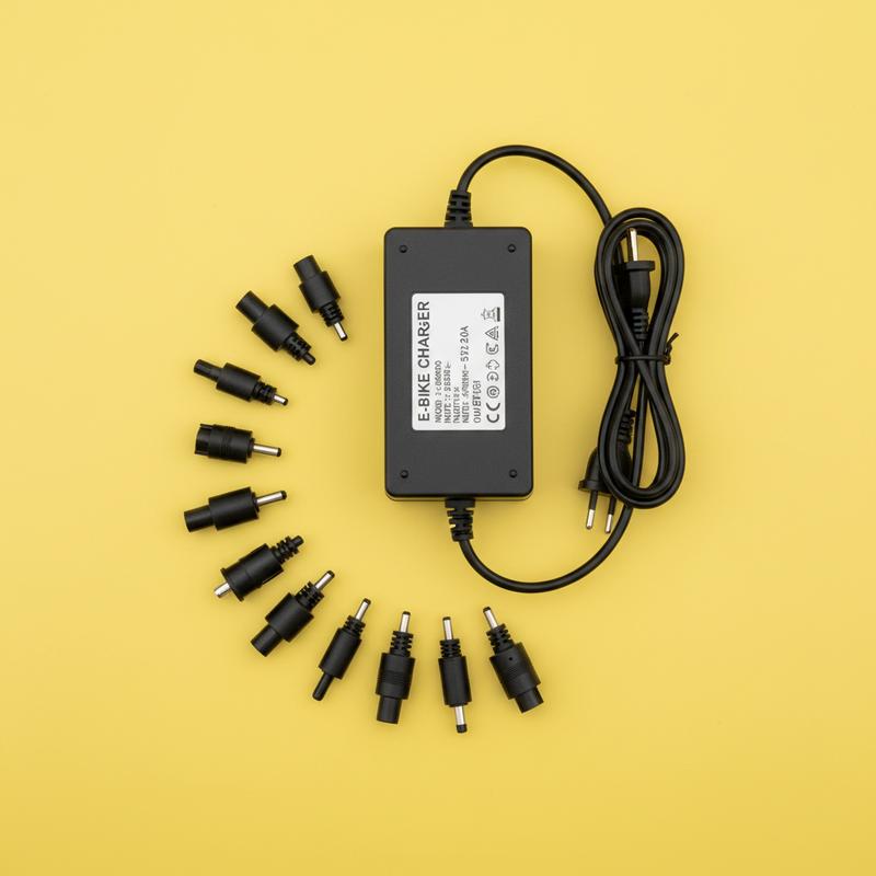 Bloc d'alimentation noir 42V 2A pour vélo électrique sur fond jaune avec plusieurs embouts de connexion interchangeables disposés en éventail autour.