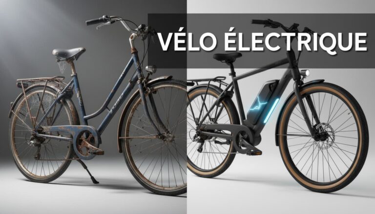Comparaison entre un vélo de ville vintage rouillé et un modèle électrique moderne avec batterie lumineuse sous le texte VÉLO ÉLECTRIQUE en surimpression.