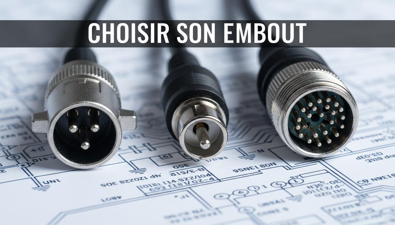 Divers connecteurs de chargeur pour batterie de vélo électrique, type XLR et RCA, sont alignés sur un schéma technique avec le texte choisir son embout.