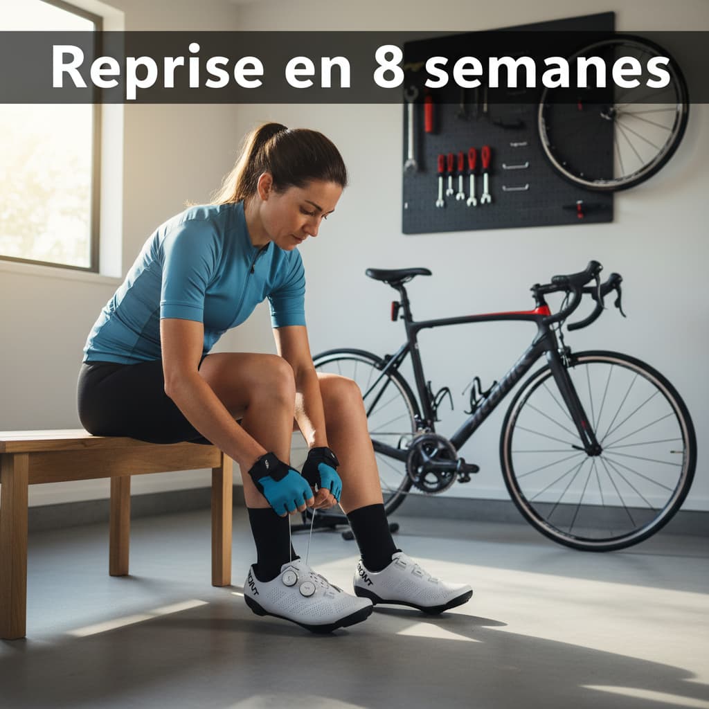 Un cycliste dans un garage moderne ajuste les molettes de ses chaussures de route blanches devant son vélo avec le texte Reprise en 8 semaines visible.