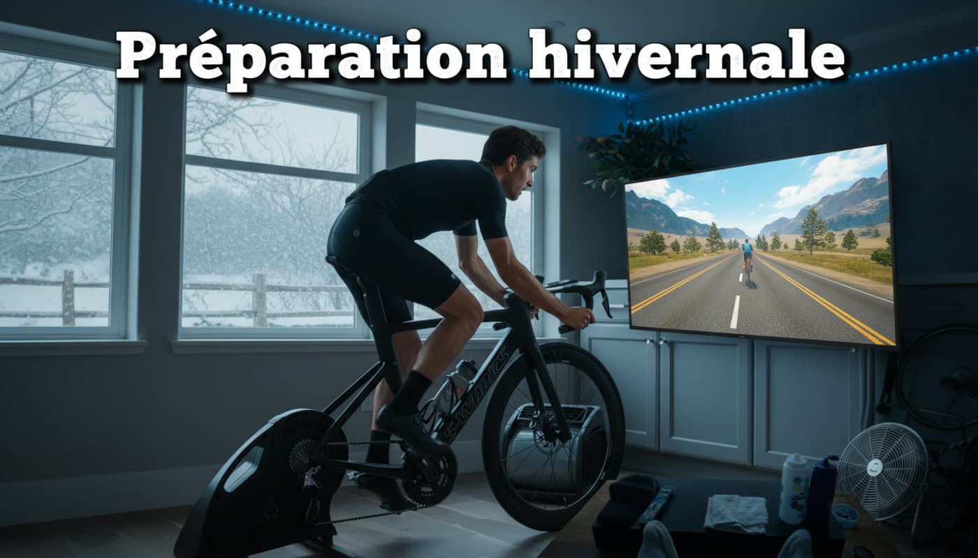 Cycliste s'entraînant sur un home-trainer connecté dans une pièce aux néons bleus face à un paysage enneigé, avec l'inscription Préparation hivernale.