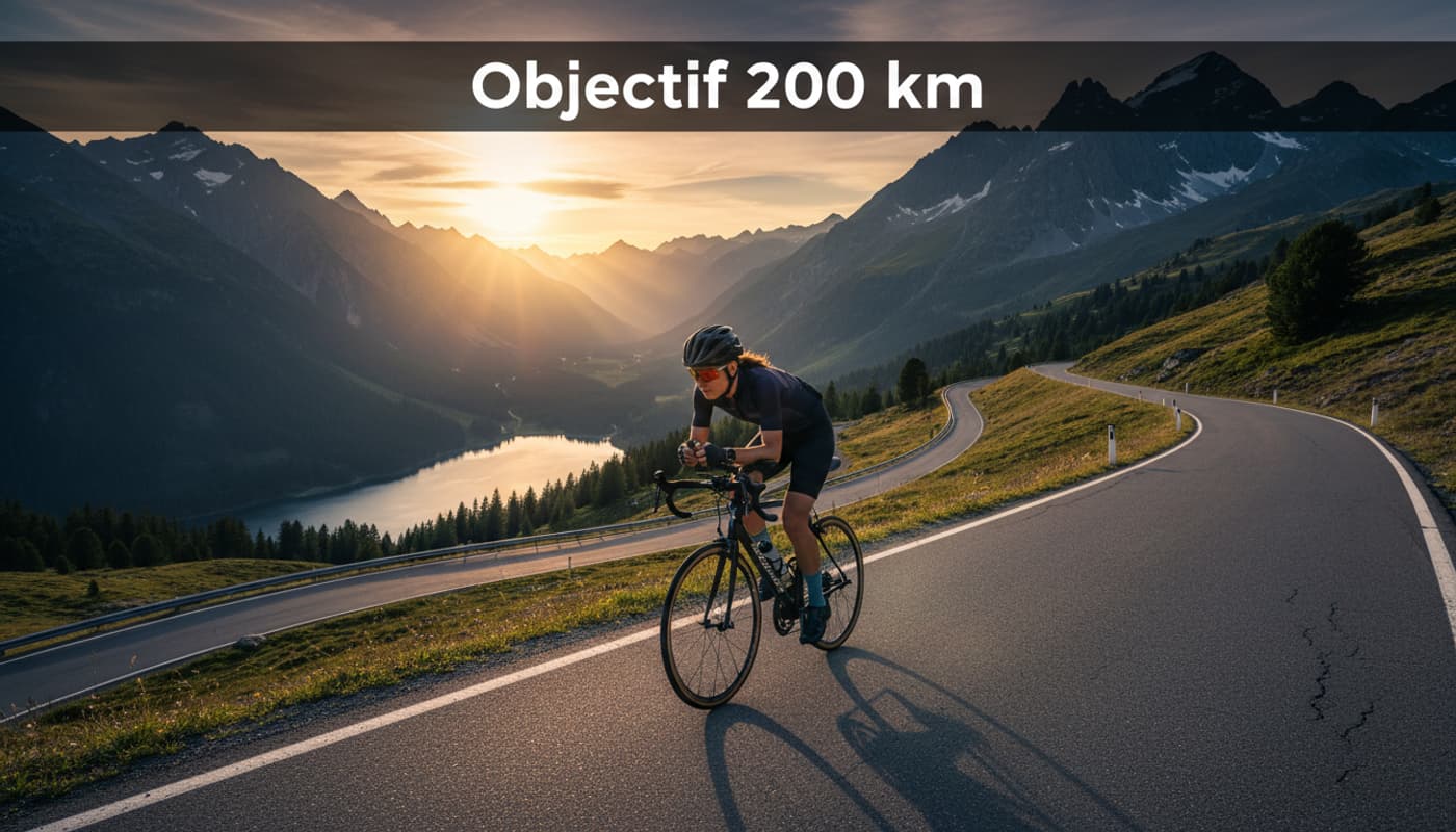 Une cycliste en position aérodynamique gravit une route de montagne sinueuse au soleil couchant devant un panorama alpin avec le texte Objectif 200 km.