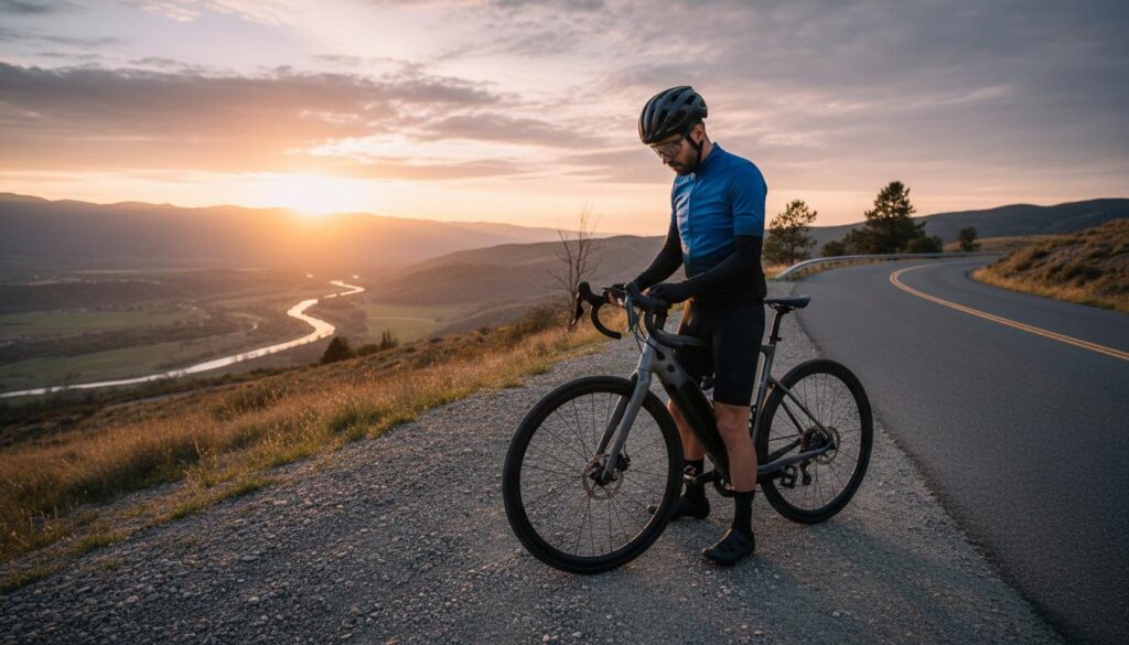 Un cycliste en équipement professionnel consulte l'écran de contrôle de son vélo électrique moderne au bord d'une route pittoresque lors d'un coucher de soleil.