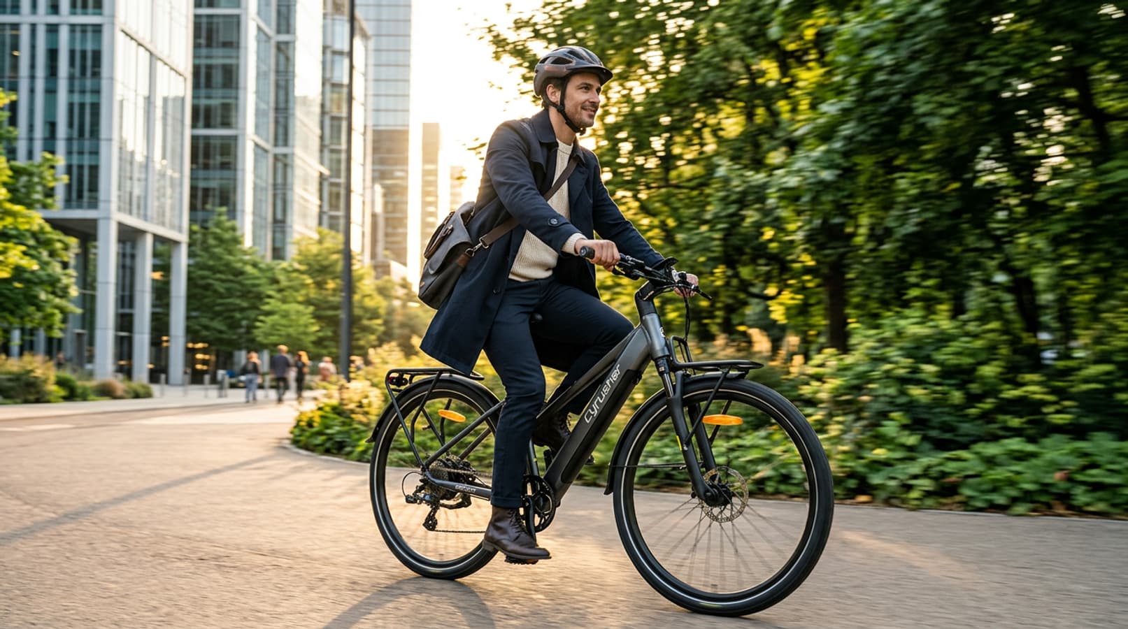 Cycliste en tenue décontractée pédalant sur un vélo électrique gris anthracite dans un quartier urbain moderne au coucher du soleil.