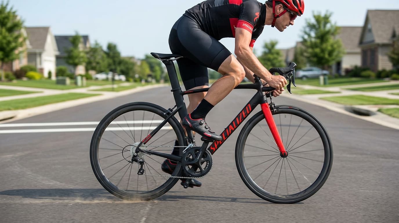 Cycliste en plein sprint sur un vélo Specialized Allez Sprint Comp au cadre en aluminium aérodynamique circulant sur une route de banlieue ensoleillée.