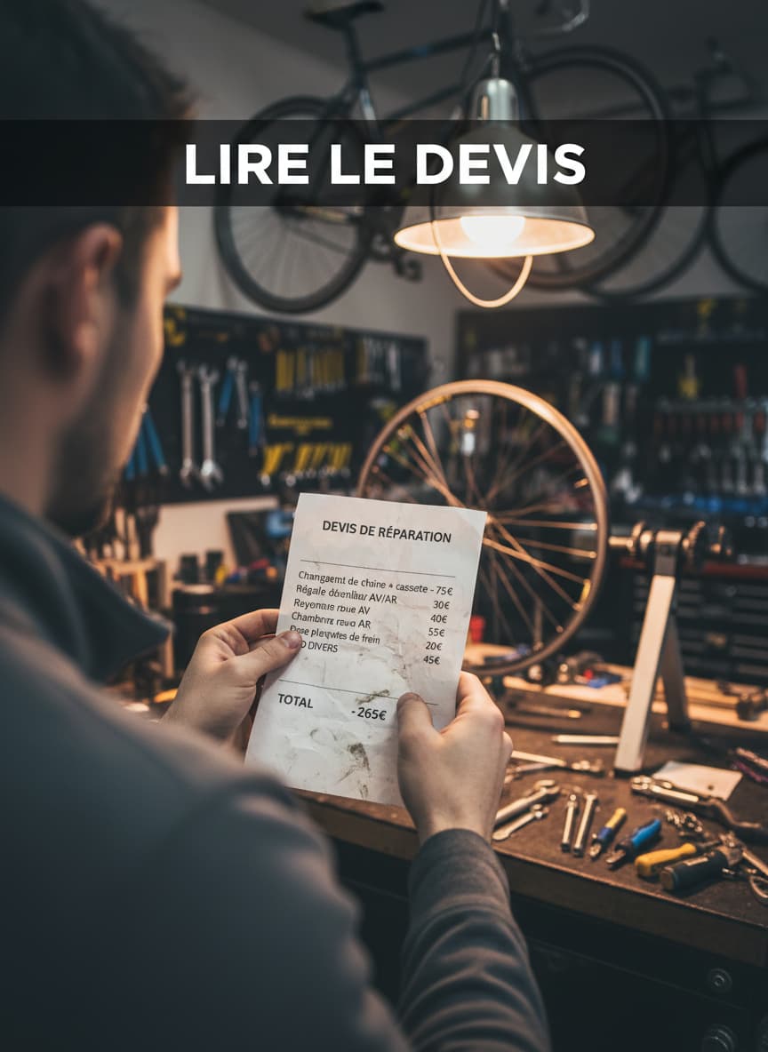 Personne tenant un devis de réparation de vélo devant un atelier de mécanique avec un banc de dévoilage en arrière-plan.