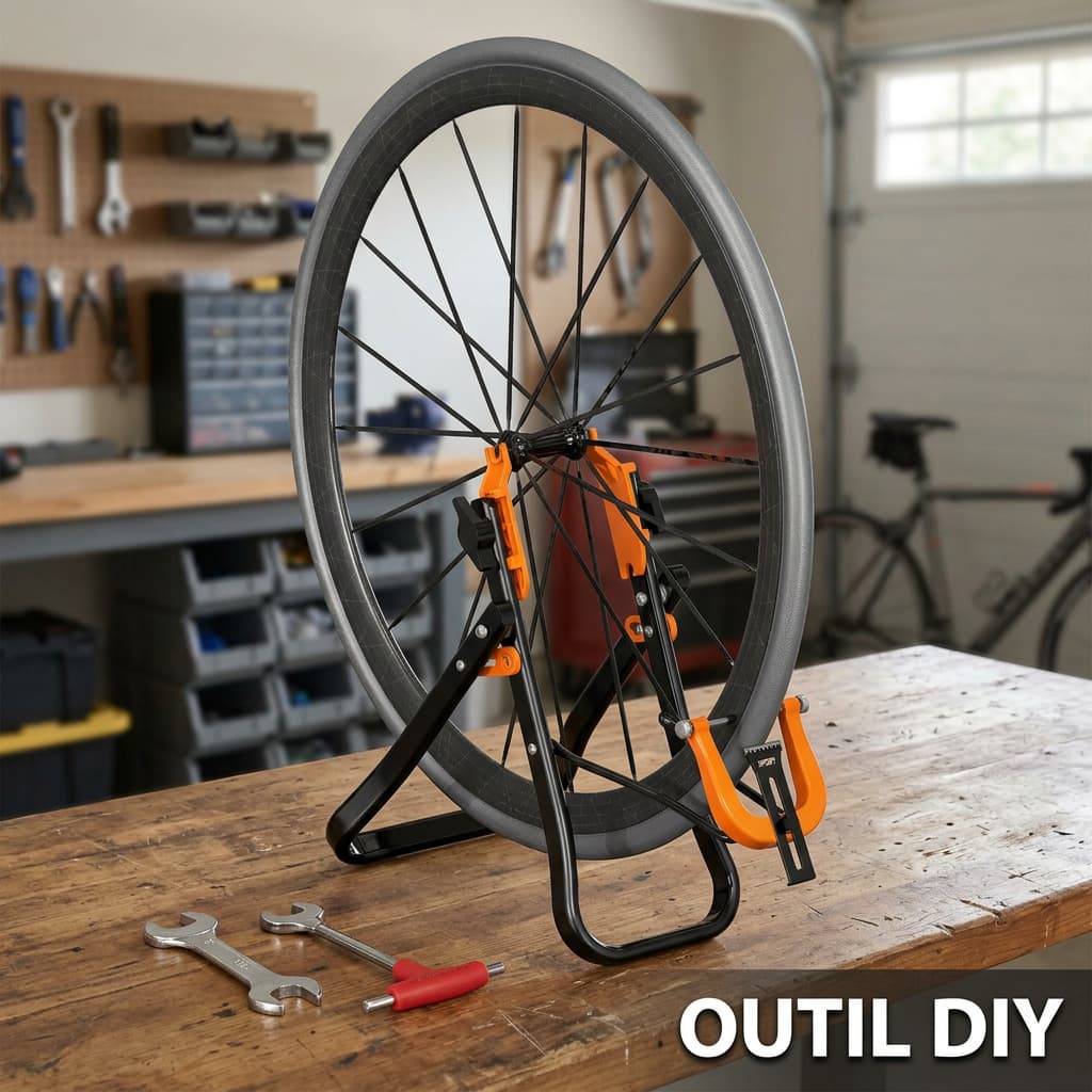 Un dévoileur de roue Super B TB-PF25 pliable maintient une roue de vélo sur un établi de garage avec des clés à rayons et un texte OUTIL DIY.
