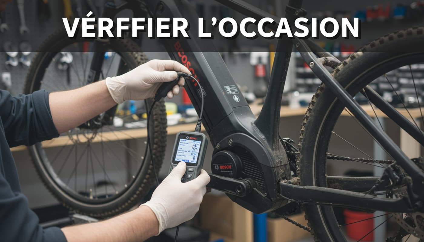 Mains d'un mécanicien connectant un outil de diagnostic numérique à un moteur Bosch de vélo électrique dans un atelier avec le texte Vérifier l'occasion.