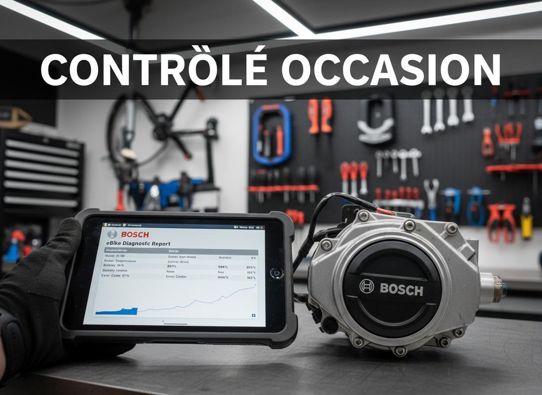 Main tenant une tablette affichant un rapport Bosch devant un moteur de vélo électrique dans un atelier industriel avec la mention CONTRÔLE OCCASION.