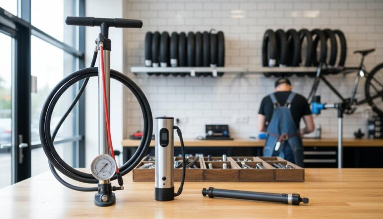 Une pompe à pied avec manomètre, une mini-pompe électrique et une pompe à main en carbone sont disposées sur un établi en bois dans un atelier de vélo.