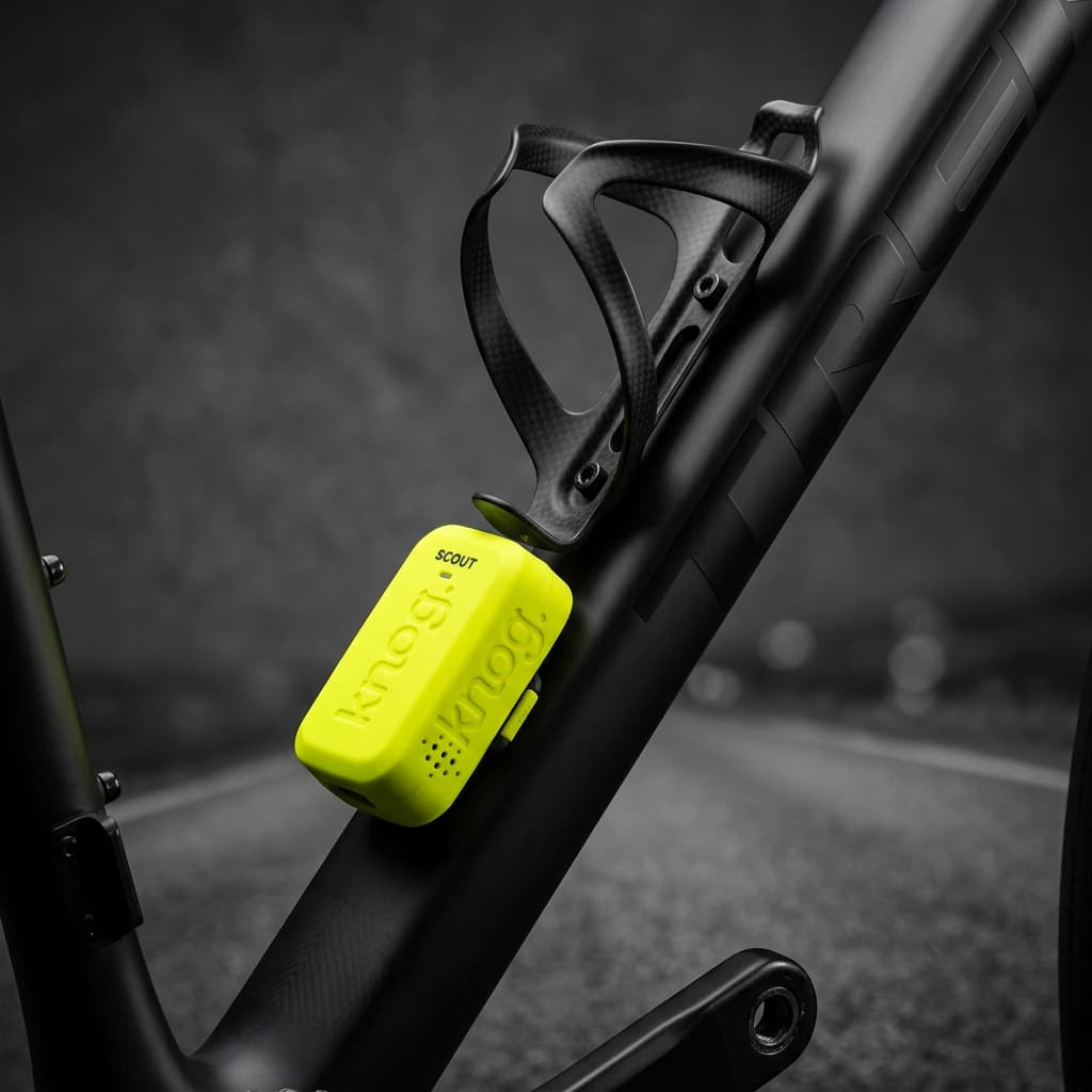 Samsung Galaxy SmartTag2 niché dans un support de réflecteur imprimé en 3D fixé sous la selle d'un vélo de ville au lever du soleil.