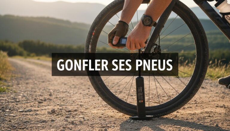 Mains d'un cycliste fixant une pompe électrique sur un pneu de vélo gravel lors d'une sortie au coucher du soleil avec l'inscription centrale GONFLER SES PNEUS.