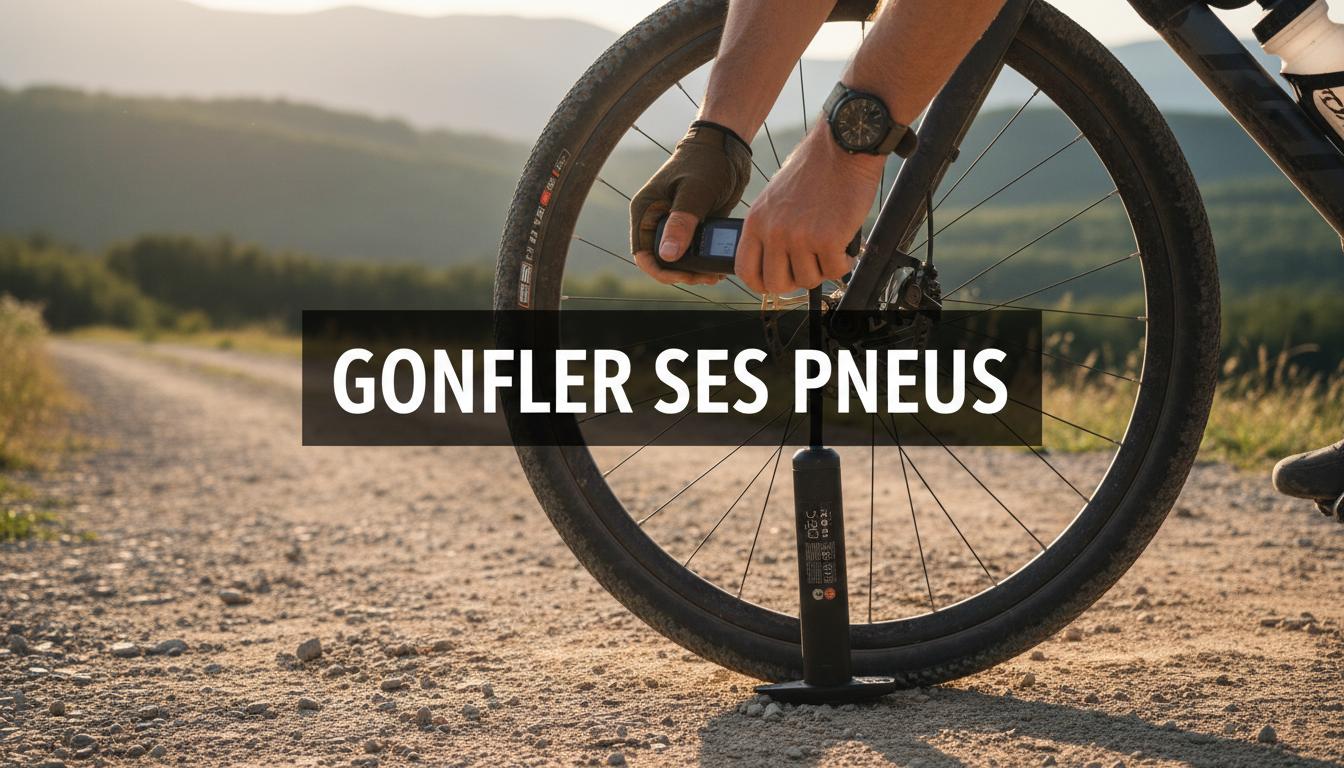 Mains d'un cycliste fixant une pompe électrique sur un pneu de vélo gravel lors d'une sortie au coucher du soleil avec l'inscription centrale GONFLER SES PNEUS.