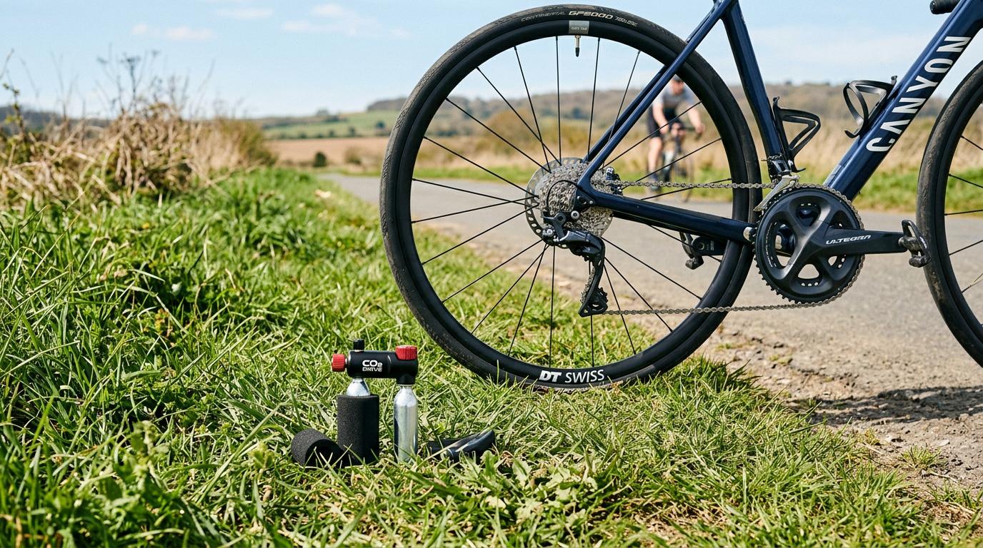 Kit de gonflage CO2 avec cartouche et embout noir posé sur l'herbe à côté d'une roue de vélo de route sous une lumière estivale.