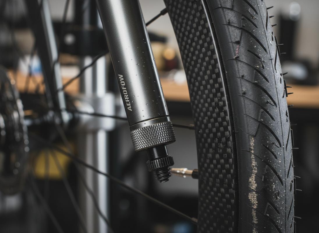 Un gonfleur Silca Mini Ultimate en aluminium usiné est fixé sur une valve presta d'une roue de vélo de route en carbone aux détails nets.