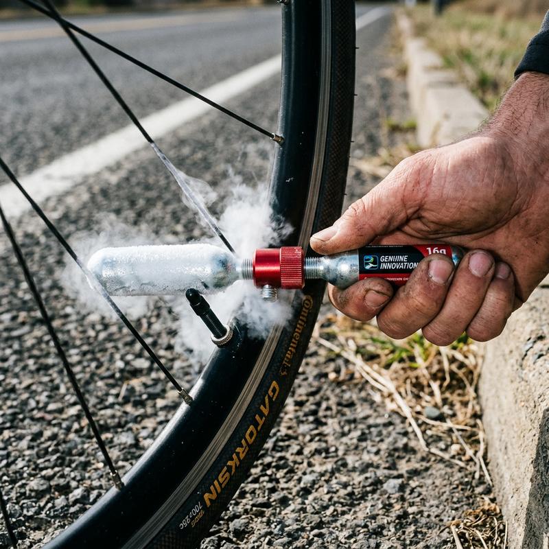 Tête de gonflage Zéfal EZ Big Shot en métal fixée à une valve de pneu de vélo avec givre visible sur la cartouche de CO2 au bord d'une route.