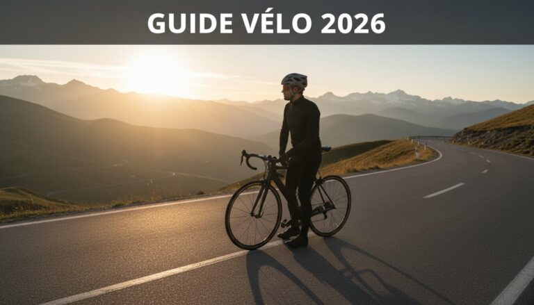 Vélo de route moderne en carbone aux lignes aérodynamiques stationné sur un col de montagne au lever du soleil avec le texte Guide Vélo 2026.