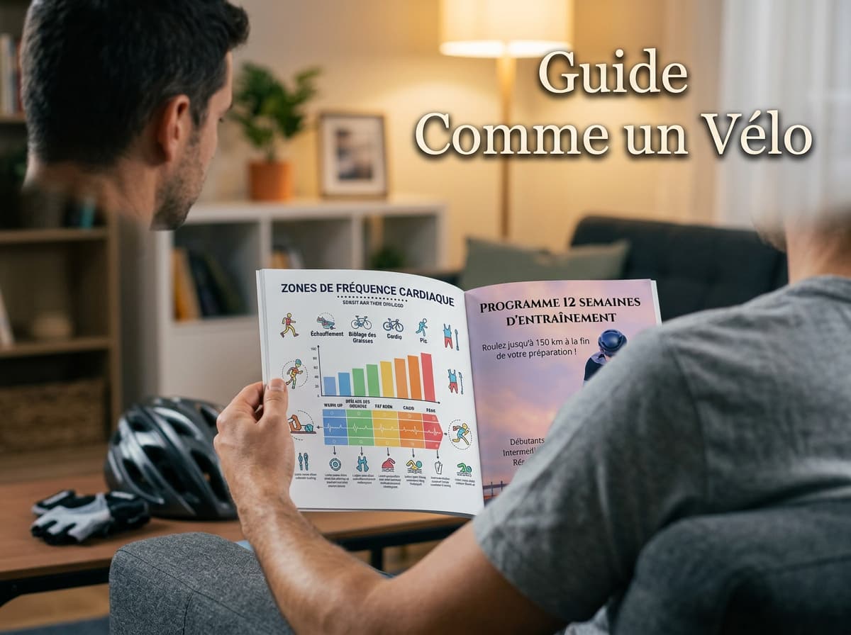 Cycliste sur canapé consultant un guide d'entraînement avec infographies sur fréquence cardiaque dans un salon chaleureux, inscription Guide Comme un Vélo.