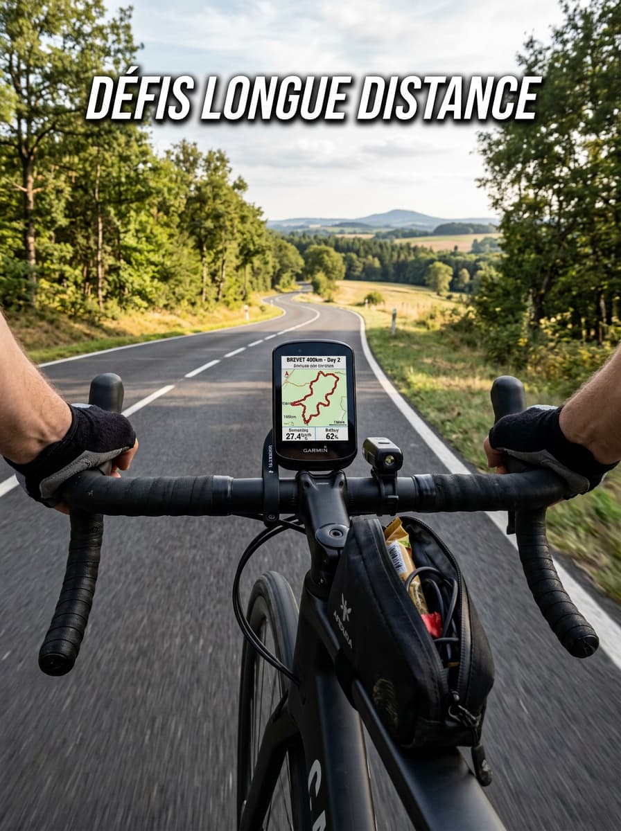 Vue subjective depuis le guidon d'un vélo de route avec sacoche et GPS sur une route de campagne bordée d'arbres avec l'inscription Défis longue distance.
