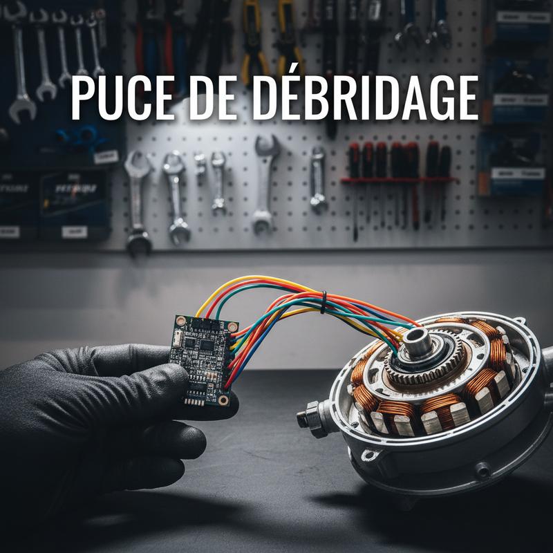 Un mécanicien portant des gants insère une puce électronique de débridage avec fils colorés dans le carter ouvert d'un moteur de vélo électrique en atelier.