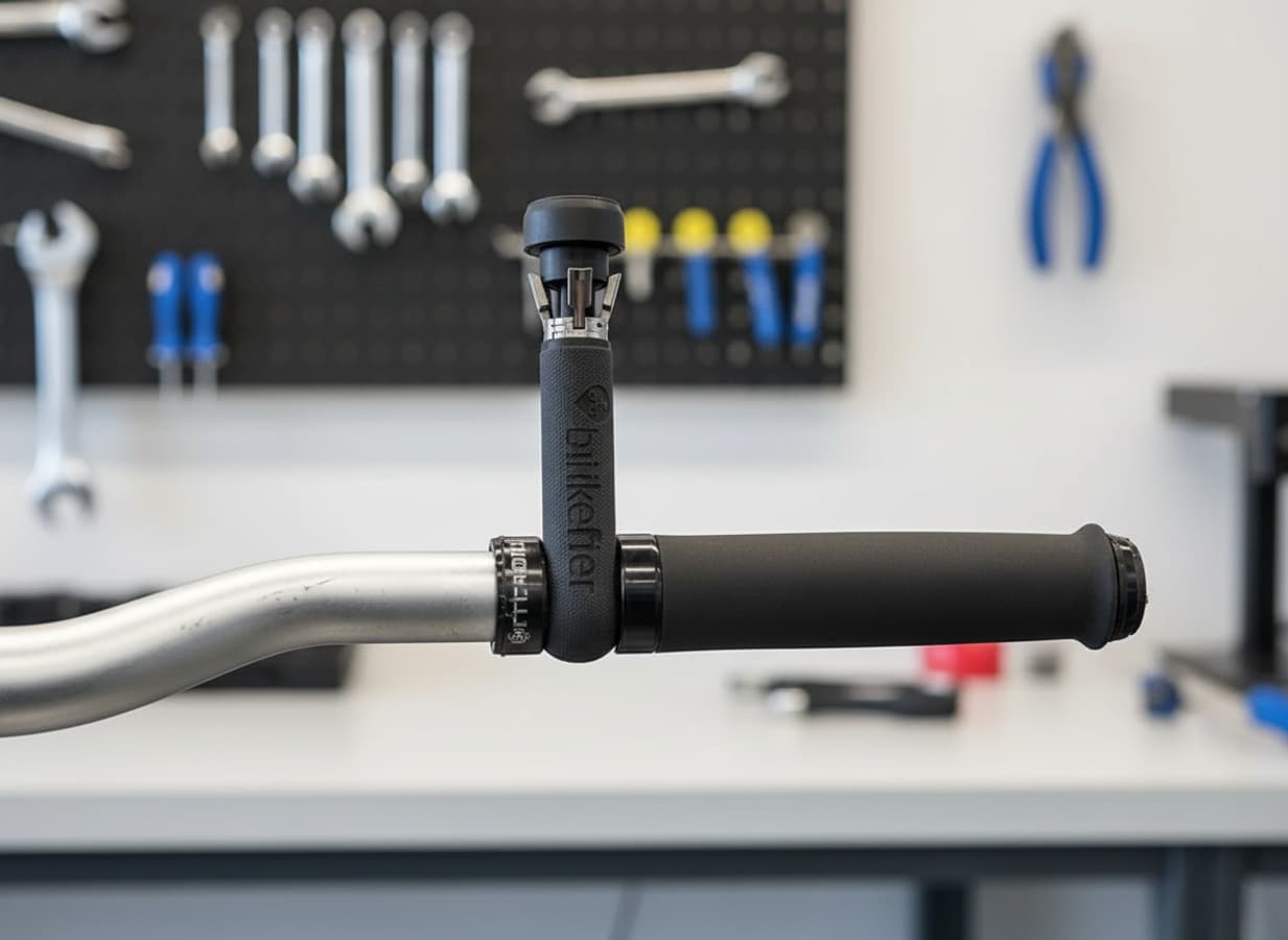 Un traqueur GPS BikeFinder noir s'insère dans l'extrémité d'un guidon de vélo métallique au sein d'un atelier lumineux aux outils flous.
