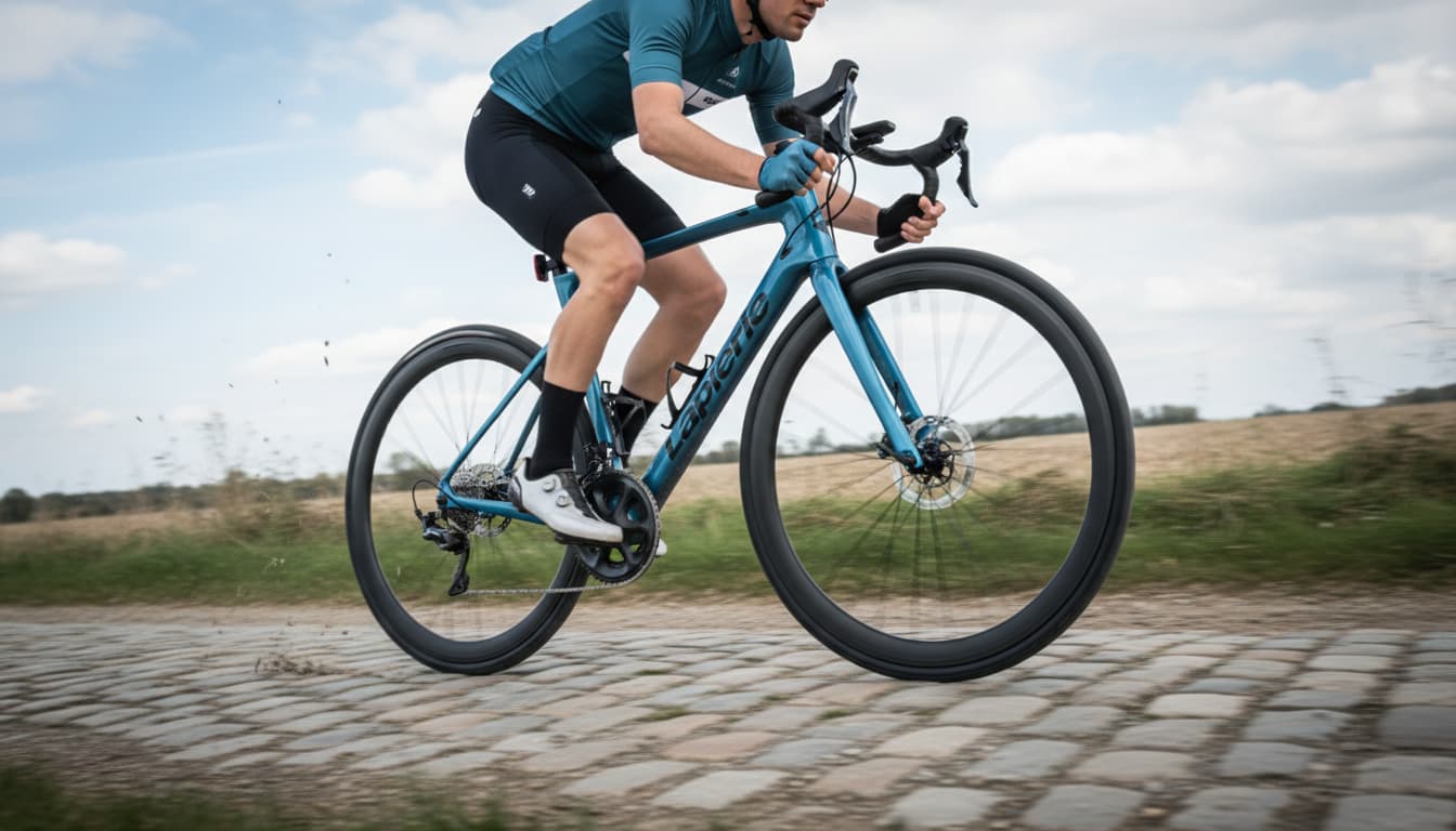 Cycliste sur vélo Lapierre Pulsium roulant sur route pavée, montrant la géométrie et le système SAT pour un meilleur amorti.