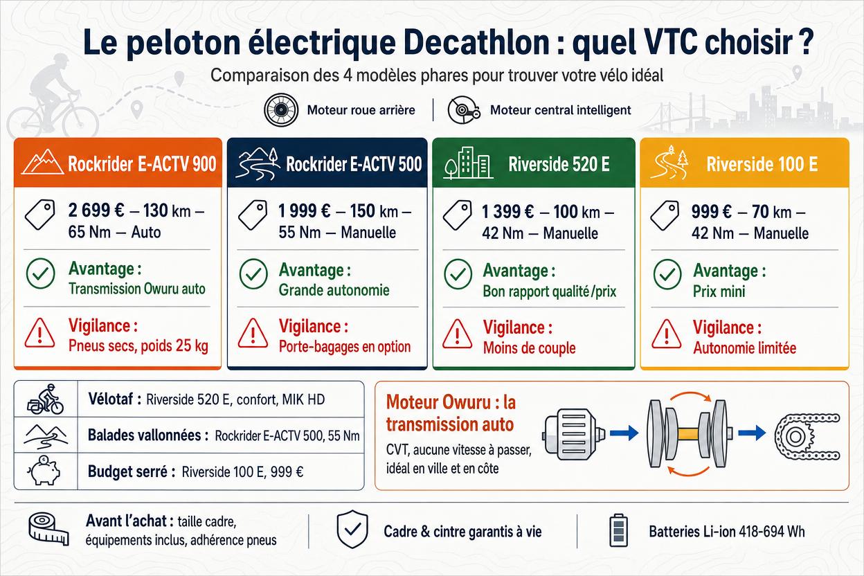 Infographie comparative des 4 VTC électriques Decathlon avec sélecteur d’usage, focus sur la transmission Owuru et checklist d’achat