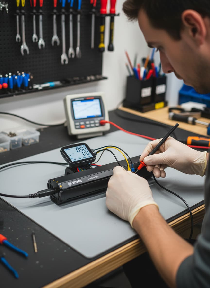 Un mécanicien en gants inspecte avec précision la batterie et la console d'un vélo électrique BMW dans un atelier de réparation moderne et lumineux.