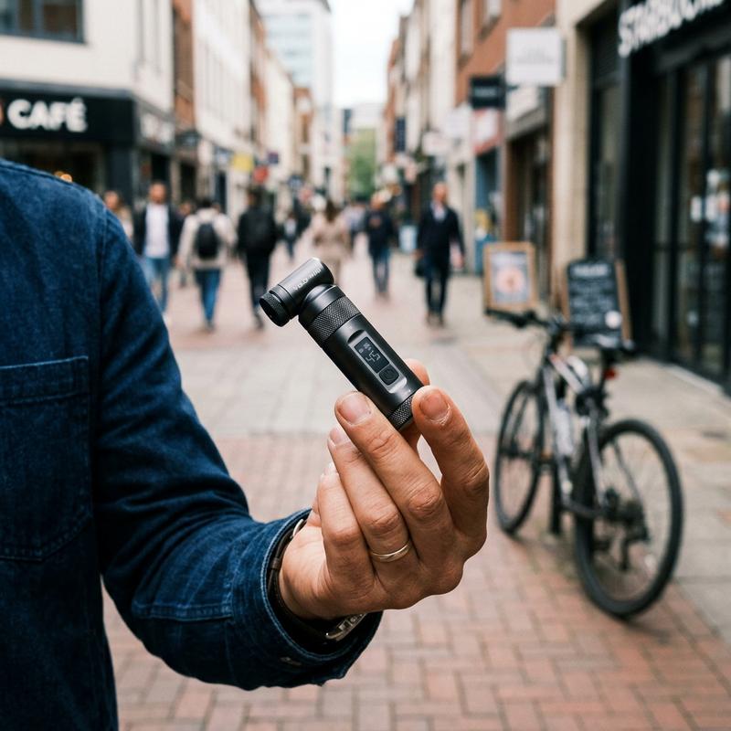 Mini pompe à vélo électrique Cycplus AS2 tenue entre le pouce et l'index pour illustrer son format compact sur un fond urbain flou.
