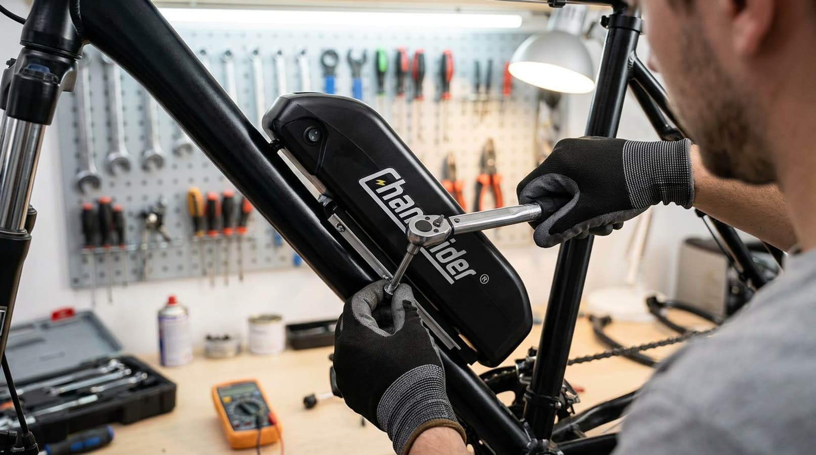 Un mécanicien serre un boulon sur le support de batterie fixé au cadre d'un vélo électrique dans un garage bien rangé.