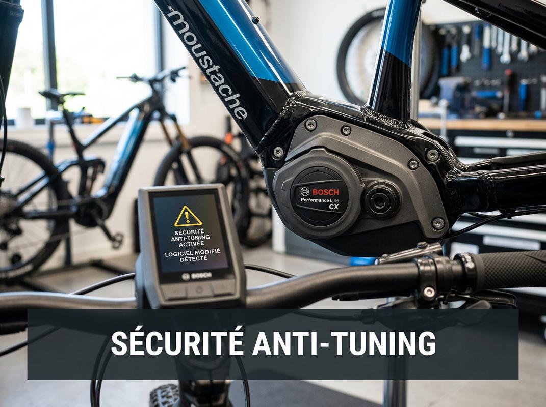 Moteur Bosch Performance Line CX sur un vélo Moustache avec un symbole d'alerte anti-tuning sur l'écran et le texte sécurité anti-tuning en surimpression.