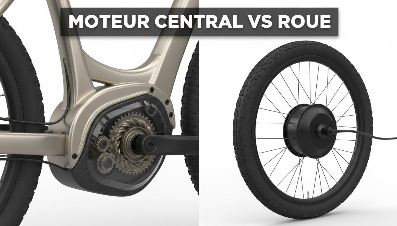 Comparaison 3D détaillée entre moteur central intégré au pédalier avec engrenages visibles et moteur de roue arrière avec texte MOTEUR CENTRAL VS ROUE.