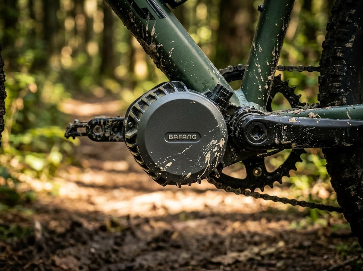 Moteur Bafang BBS02 robuste monté sur un pédalier de VTT couvert de boue légère dans une forêt éclairée par un soleil tamisé.