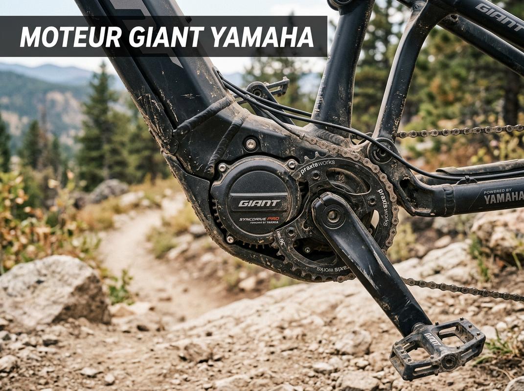 Moteur central SyncDrive Yamaha intégré au pédalier d'un VTT électrique Giant sur sentier montagneux avec inscription MOTEUR GIANT YAMAHA.