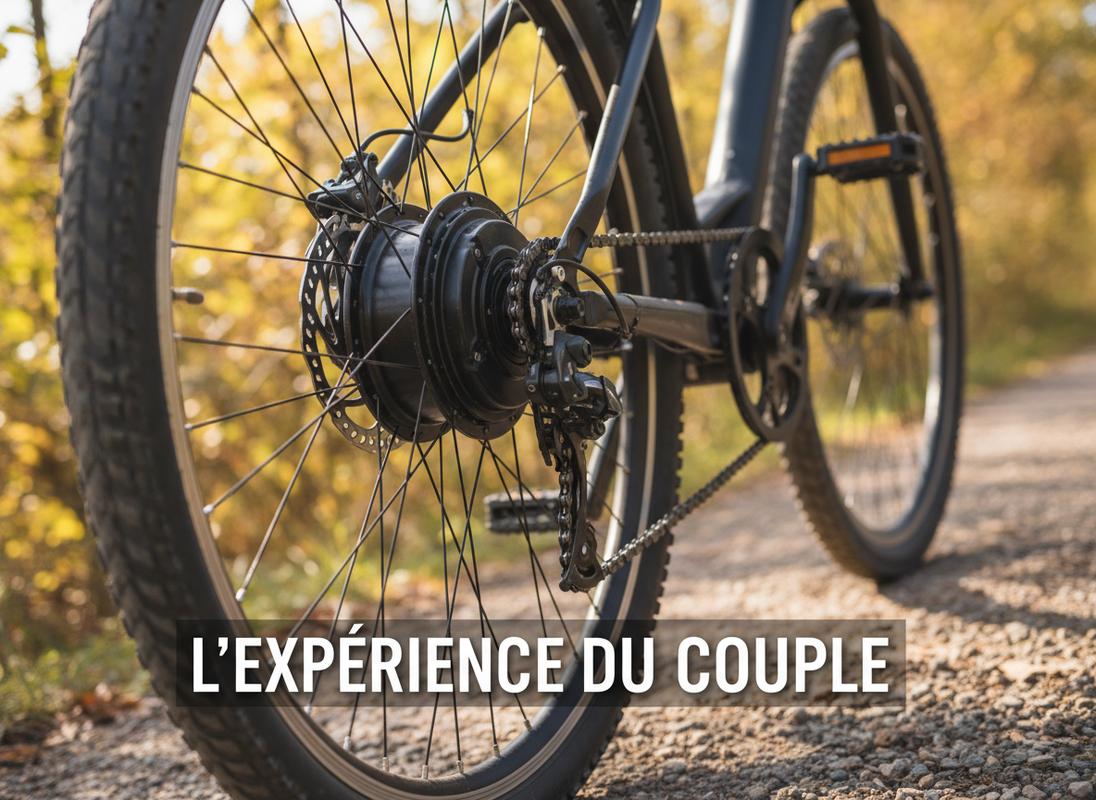 Gros plan sur le moteur arrière d'un vélo Riverside en mouvement sur un chemin, avec arbres automnaux flous et le texte L'EXPÉRIENCE DU COUPLE.
