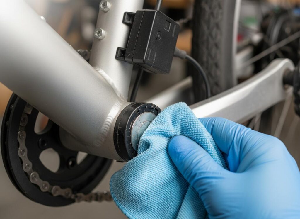 Gros plan d'une main nettoyant avec un chiffon microfibre l'aimant circulaire du capteur de pédalage d'un vélo électrique près du pédalier.