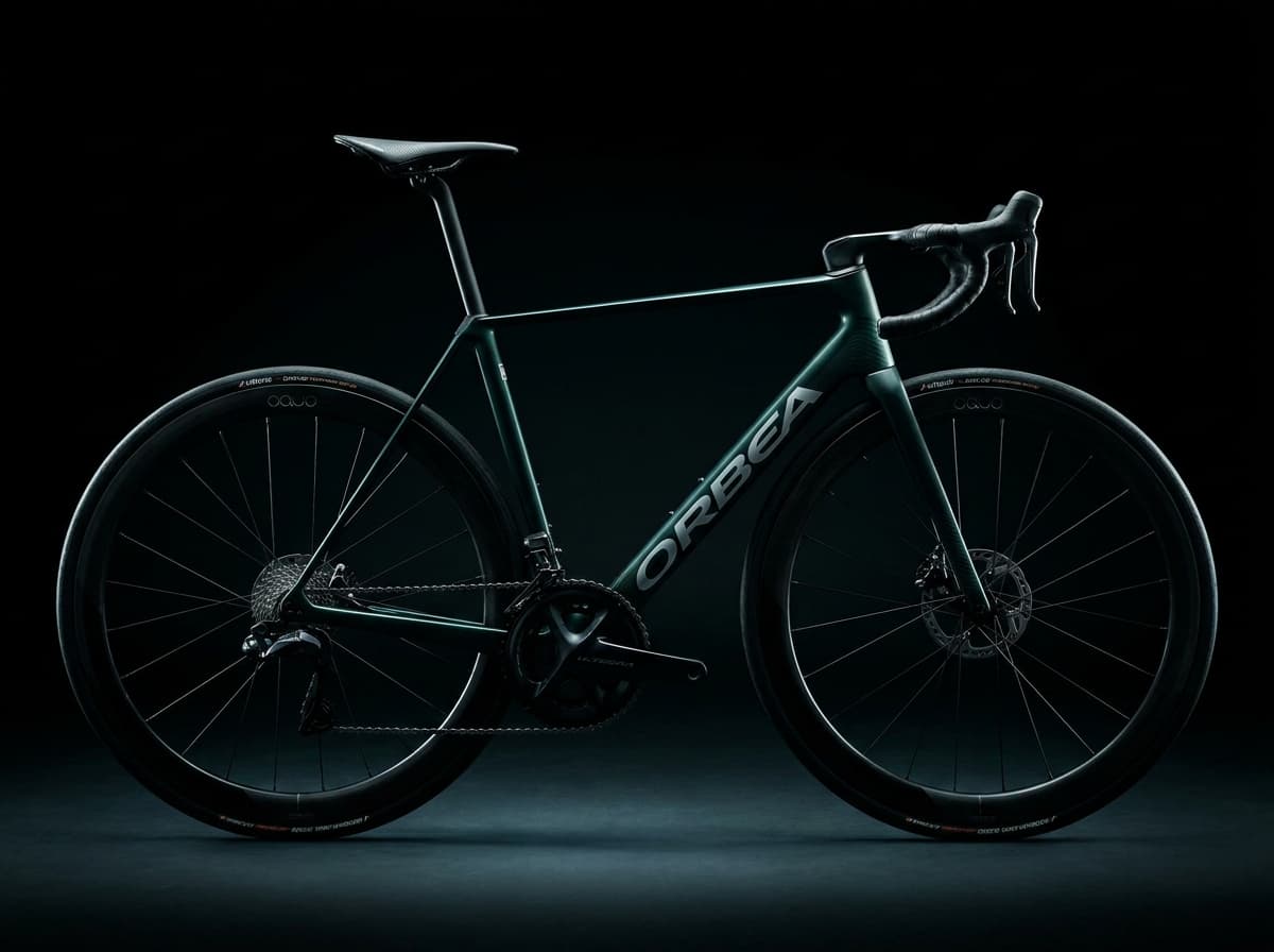 Profil latéral d'un vélo Orbea Orca Aero M20iLTD en studio sur fond noir avec lignes aérodynamiques et roues carbone.