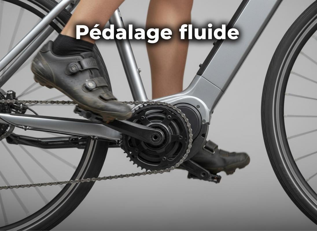 Gros plan sur les pieds d'un cycliste en mouvement actionnant les pédales d'un vélo électrique à moteur central avec le texte superposé Pédalage fluide.