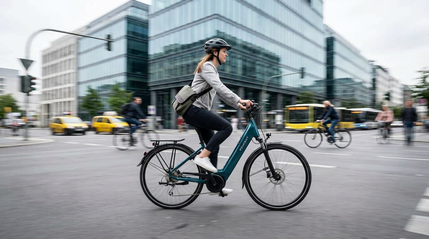 Cycliste traversant un carrefour urbain sur un vélo électrique Peugeot eC01 D9 Active Plus avec le moteur Bosch visible et un arrière-plan urbain flou.